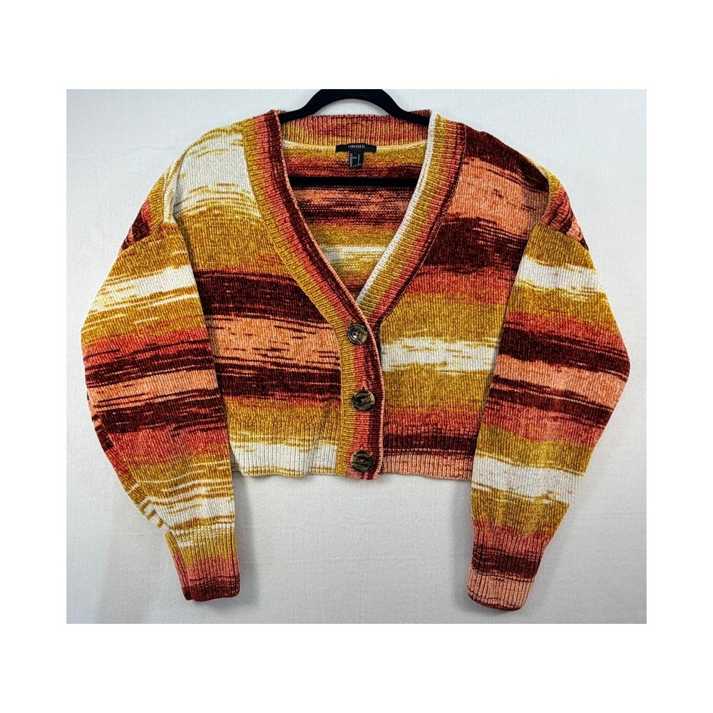 Forever 21 Womens Chenille Cropped Cardigan Sweater Orange Yellow Striped Large
